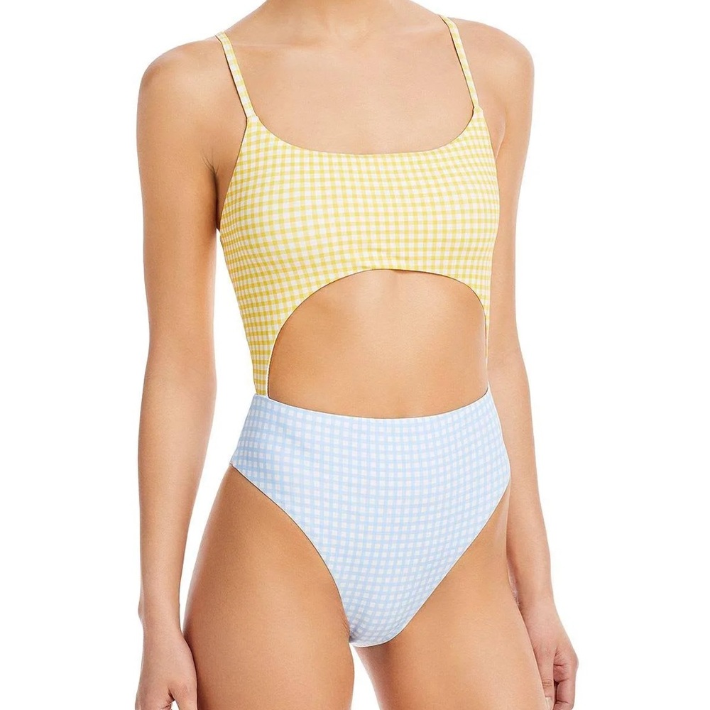 Aqua Maillo Gingham Colorblock Cutout One Piece Swimsuit